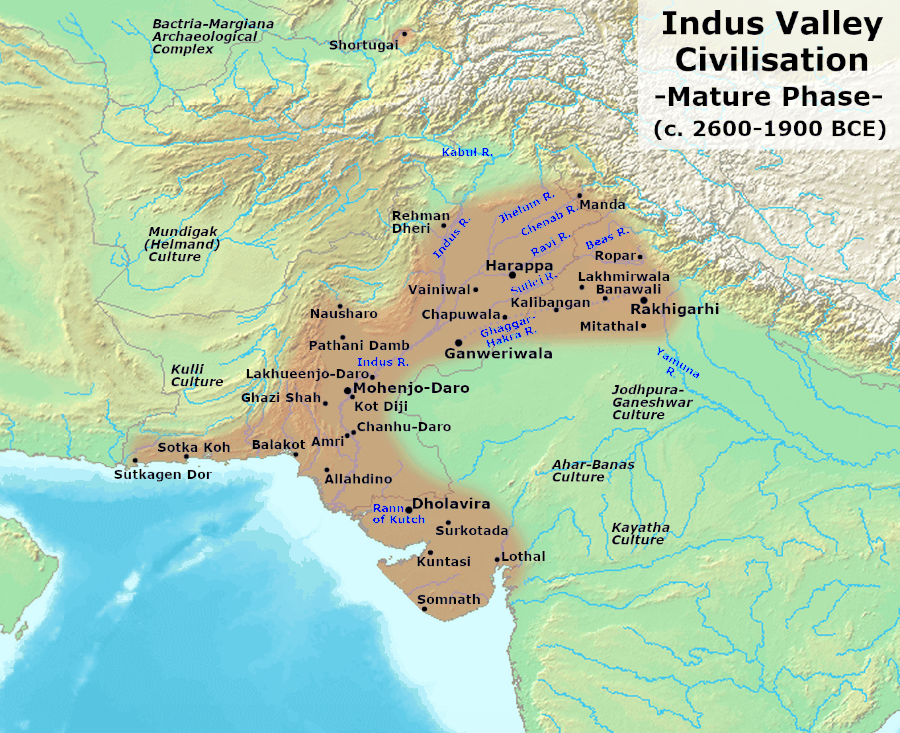 Map of the Indus Valley Civilisation in its mature phase, c. 2600–1900 BCE, with Harappa, Mohenjo-daro, Dholavira, Lothal, Kalibangan, Rakhigarhi and other sites along the Indus and the Ghaggar-Hakra